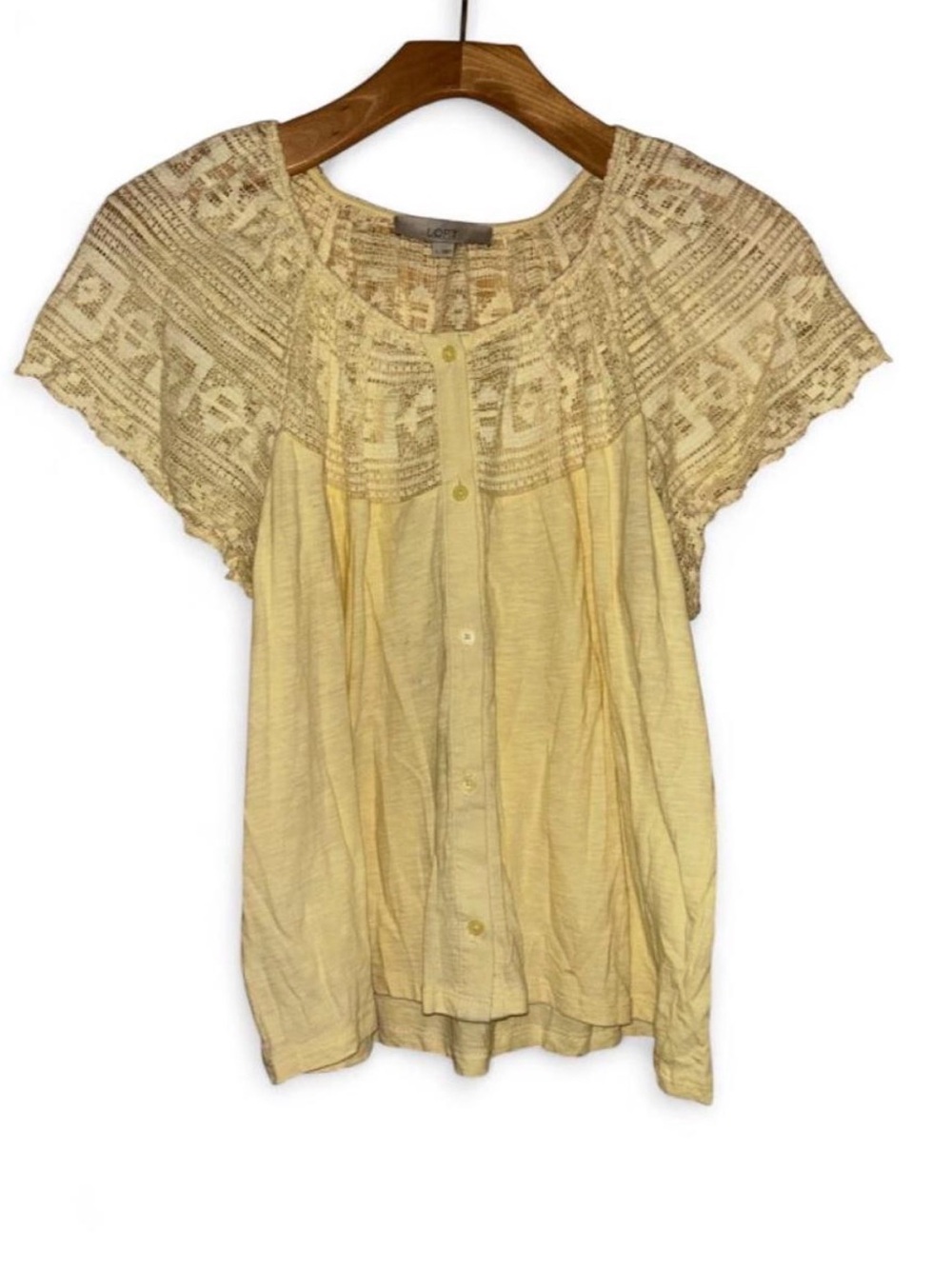 LOFT Pale Yellow Crochet Yoke Button-Front Blouse